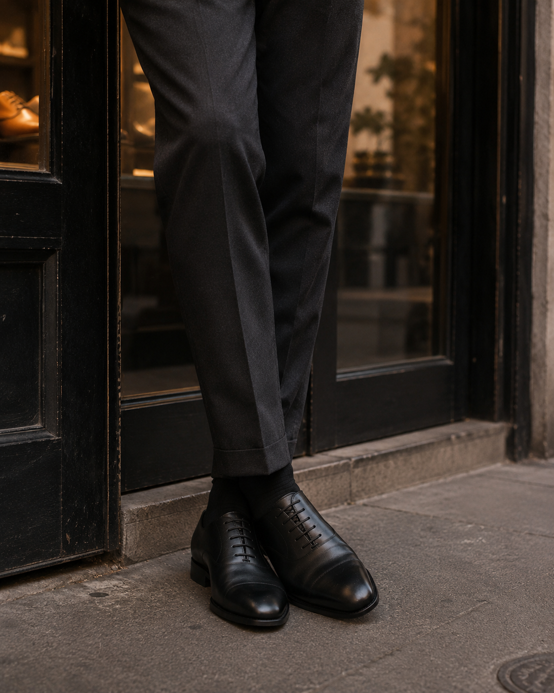 Two men in smart casualwear on a cobblestone street